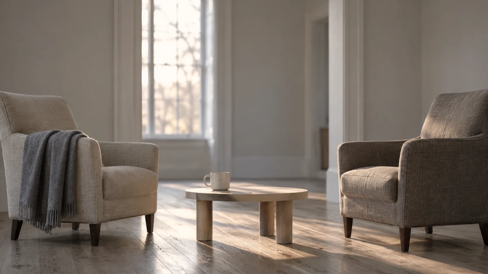 Two upholstered armchairs angled toward each other across a low pale wooden table, one with a folded grey throw over its arm, and a single speckled mug on the table between them.