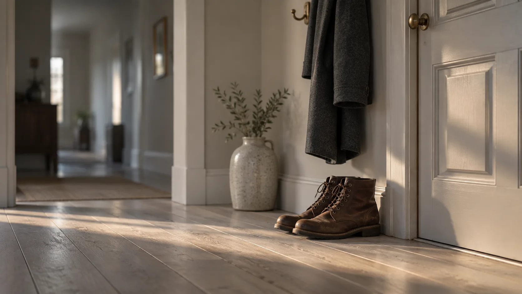A pair of worn brown leather boots set down side by side on pale wooden floorboards below a charcoal wool coat hanging from a brass hook beside a closed white panelled door.