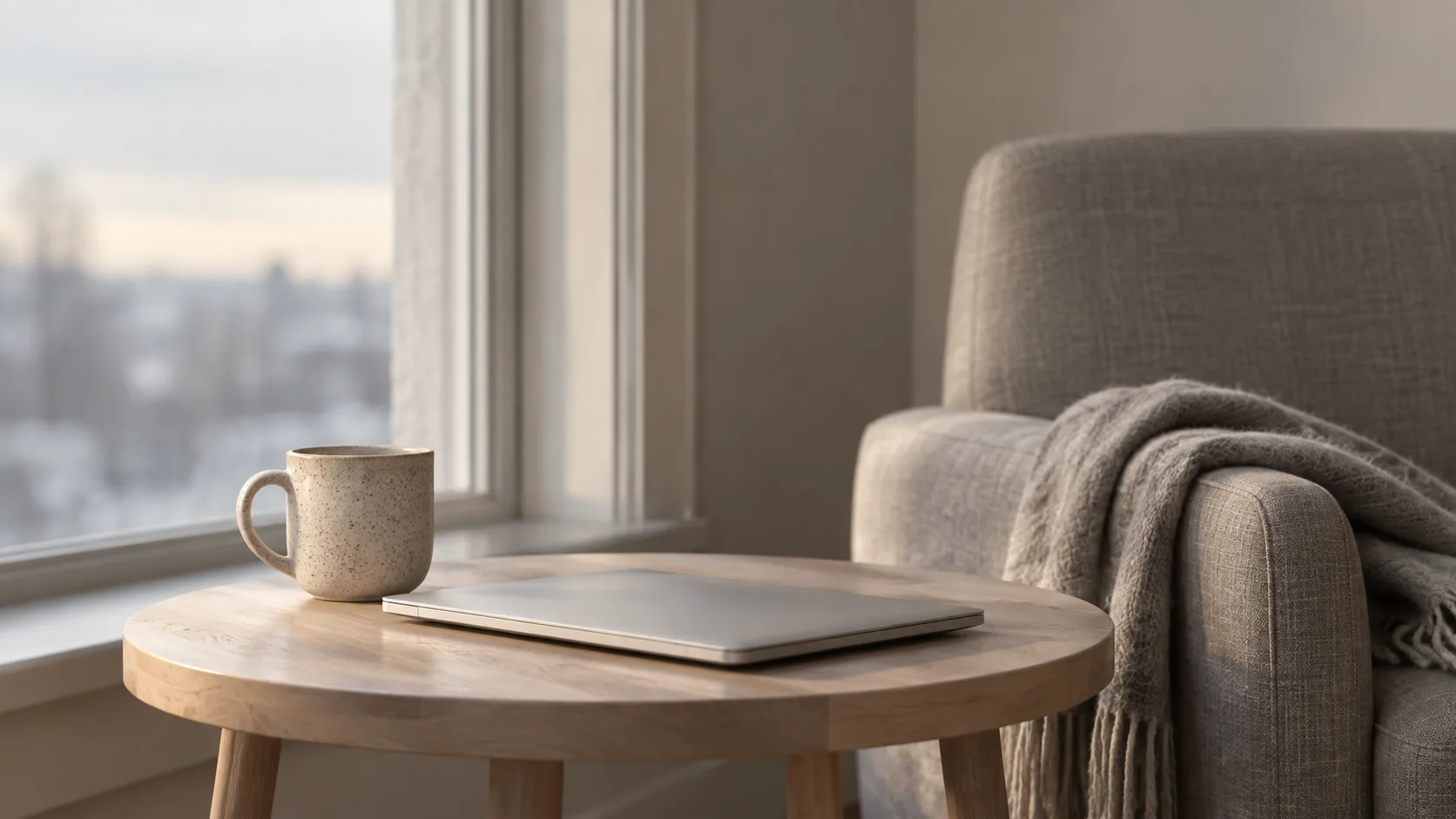 A closed slim silver laptop and a speckled cream mug on a round pale wooden table beside a tall window, with a grey upholstered chair and a thrown blanket just behind.