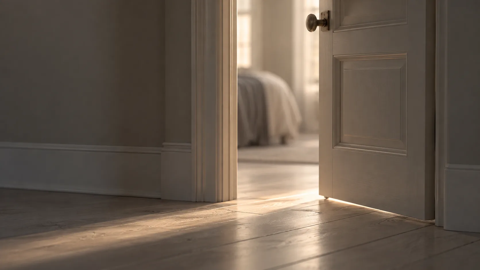 Warm light falling across pale wooden floorboards at an open doorway.