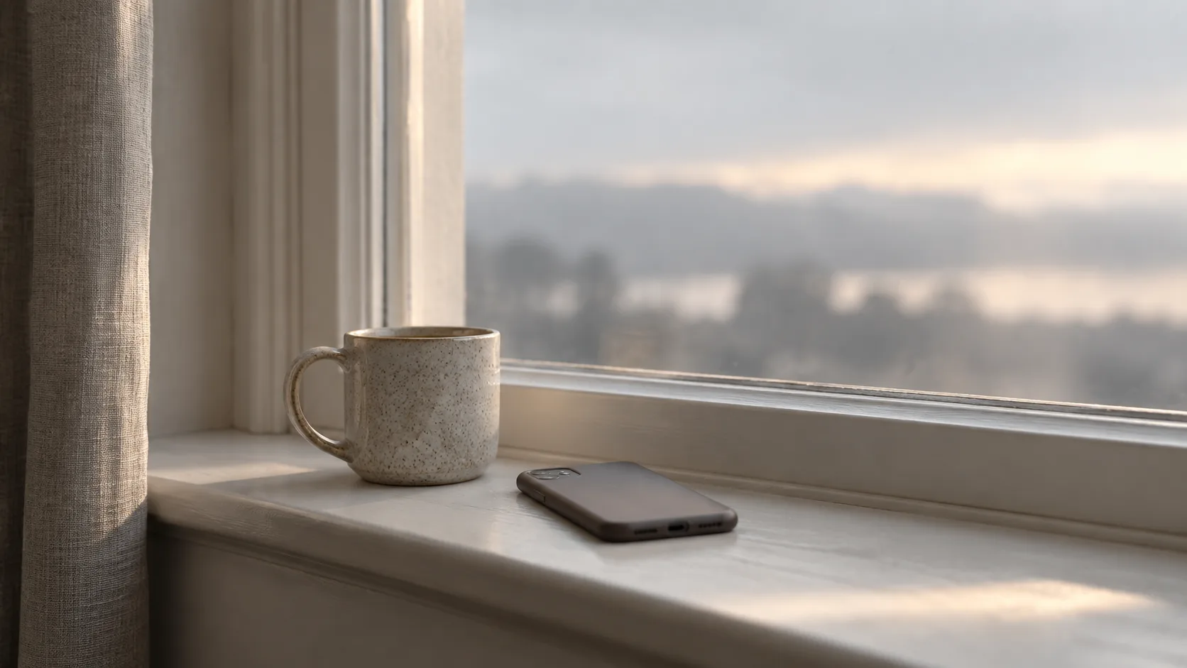 A phone lying face down on a wide pale windowsill beside a nearly full speckled cream mug, a grey linen curtain at the left and a hazy lake and wooded hills out of focus beyond the glass.