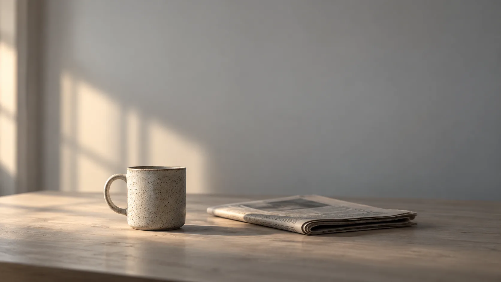 A speckled cream mug and a folded newspaper on a bare pale wooden table, low warm light raking across the surface, the wall behind plain and softly lit.