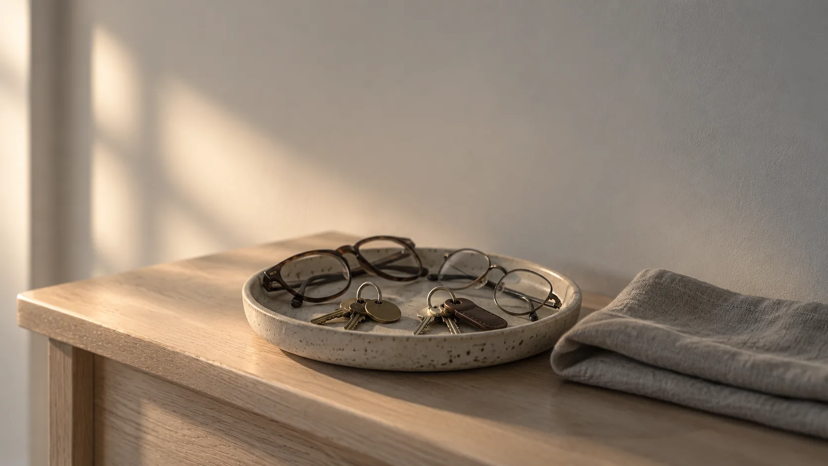 Two sets of keys and two pairs of folded reading glasses resting together in a shallow speckled stoneware dish on a pale wooden table, with a folded grey linen cloth beside it.